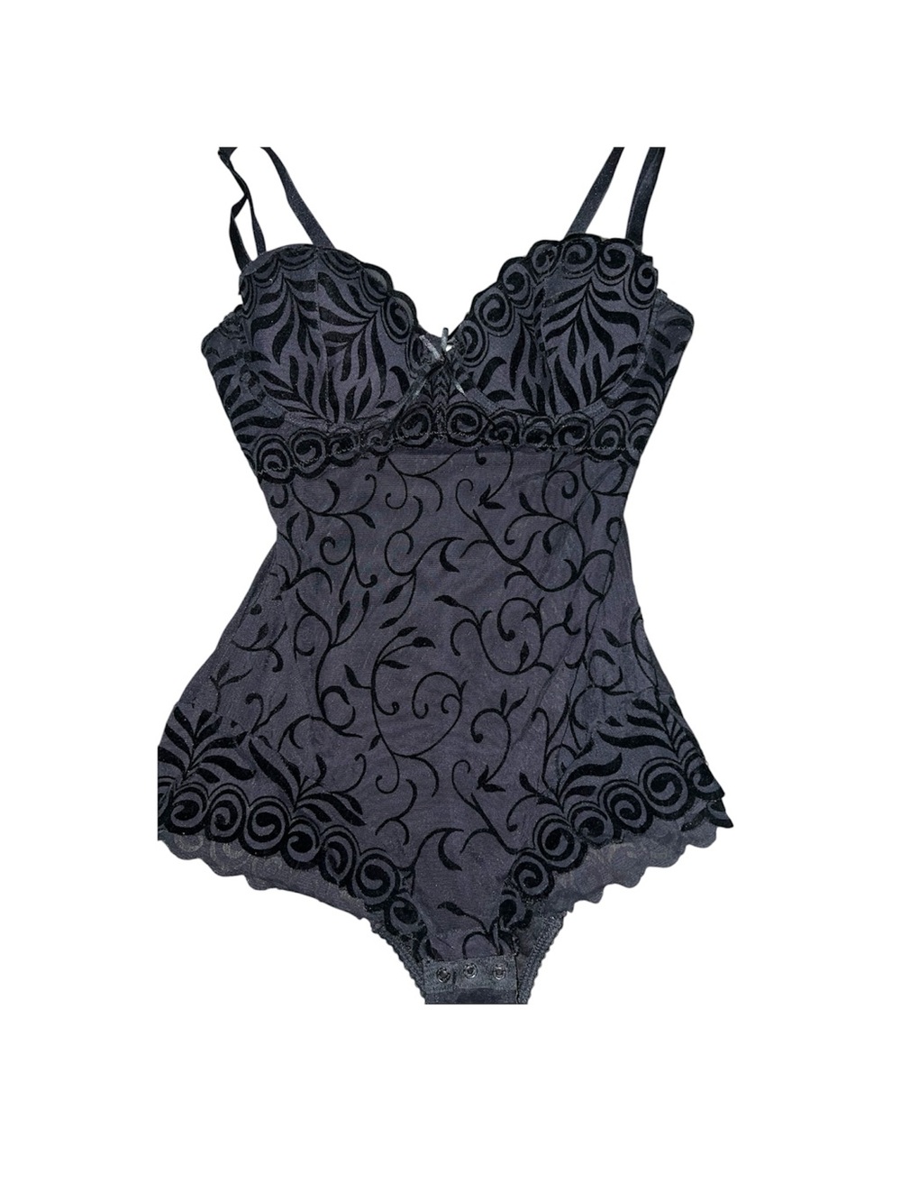 Vintage Frederick's of Hollywood Black Lace-Pattern Bodysuit Chemise
